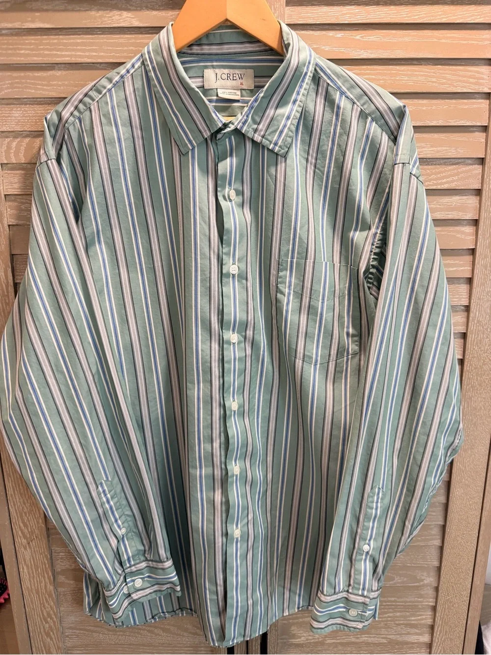 J. Crew Men's Light Green and Blue Multi-Stripe Button-Down Shirt